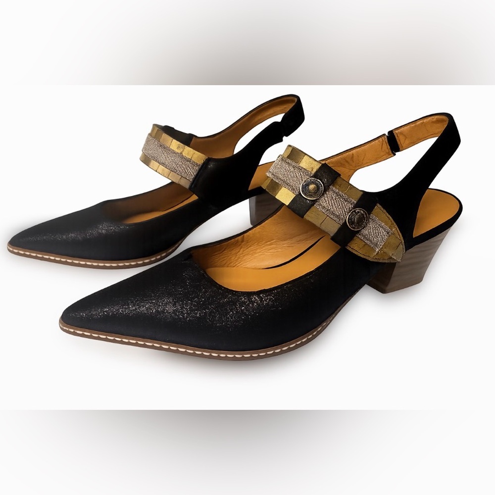 Sundance Black Pointed Slingback Heels with Gold-Trim Strap